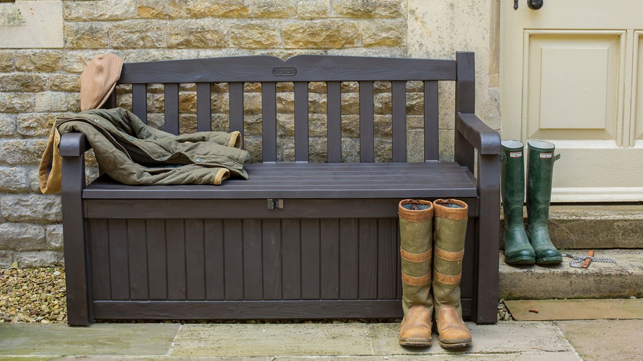 Outdoor storage boxes Robert Dyas Keter bench storage box with a pair of wellies