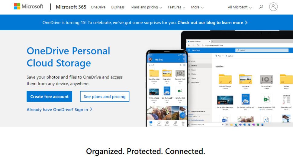 Website screenshot for Microsoft OneDrive.