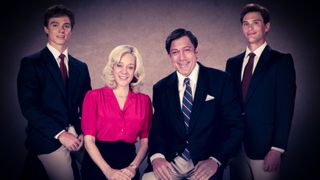 (L to R) Nicholas Chavez as Lyle Menendez, Chloë Sevigny as Kitty Menendez, Javier Bardem as Jose Menendez, Cooper Koch as Erik Menendez posing for a family portrait.