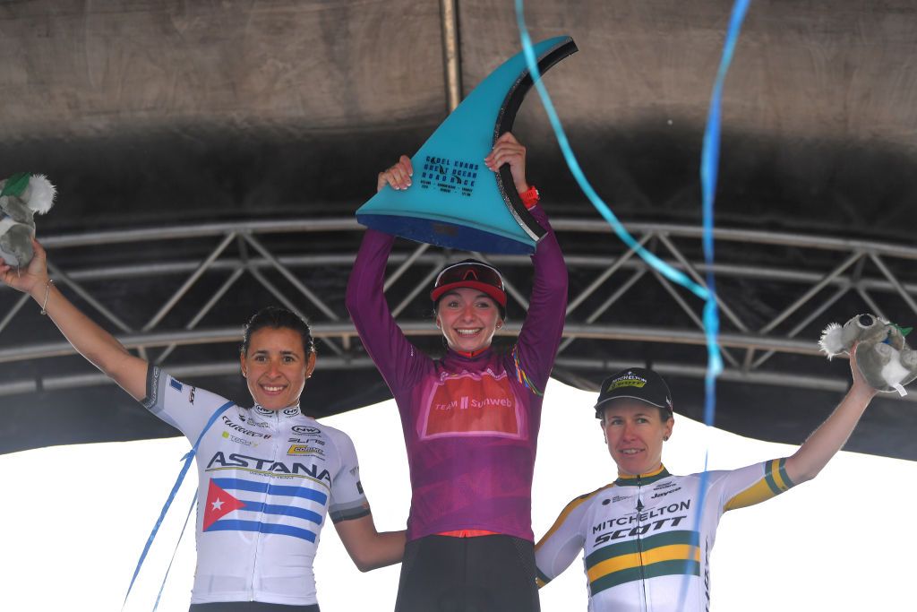 GEELONG AUSTRALIA FEBRUARY 01 Podium Arlenis Sierra of Cuba and Astana Womens Team Liane Lippert of Germany and Team Sunweb Blue Leader Jersey Amanda Spratt of Australia and Team Mitchelton SCOTT Celebration Trophy Koala Mascot during the 6th Cadel Evans Great Ocean Road Race 2020 Deakin University Elite Women a 121km race from Geelong to Geelong CadelOfficial CadelRoadRace UCIWT on February 01 2020 in Geelong Australia Photo by Tim de WaeleGetty Images