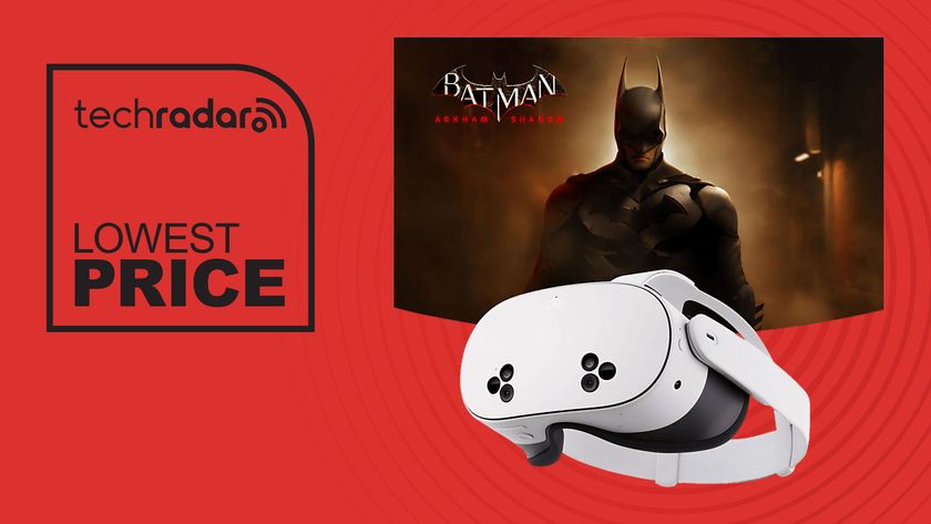 Meta Quest 3S with Batman: Arkham Shadow banner behind it and red background with black TechRadar lowest price sign