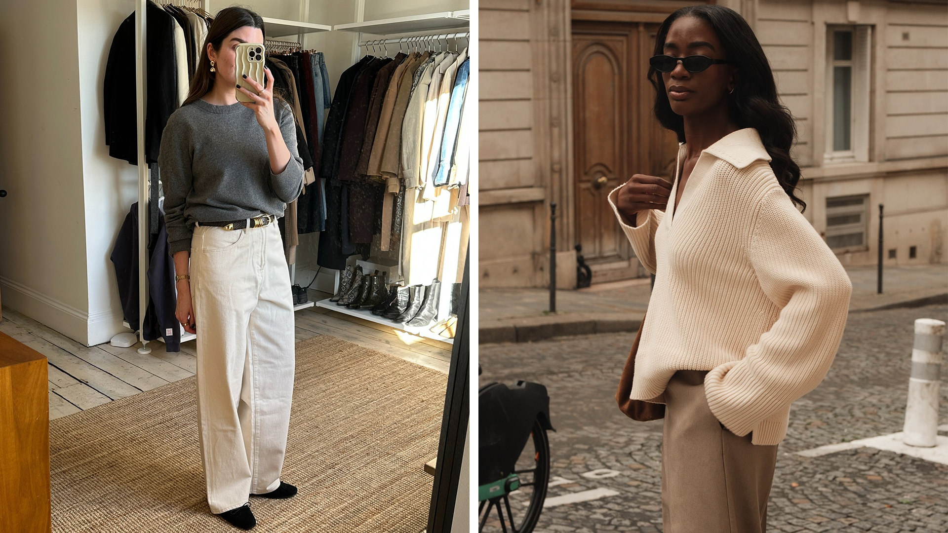 fashion collage of two European style influencers Anna Newton and Liv Madeline posing in two chic sweater outfits for fall 2025