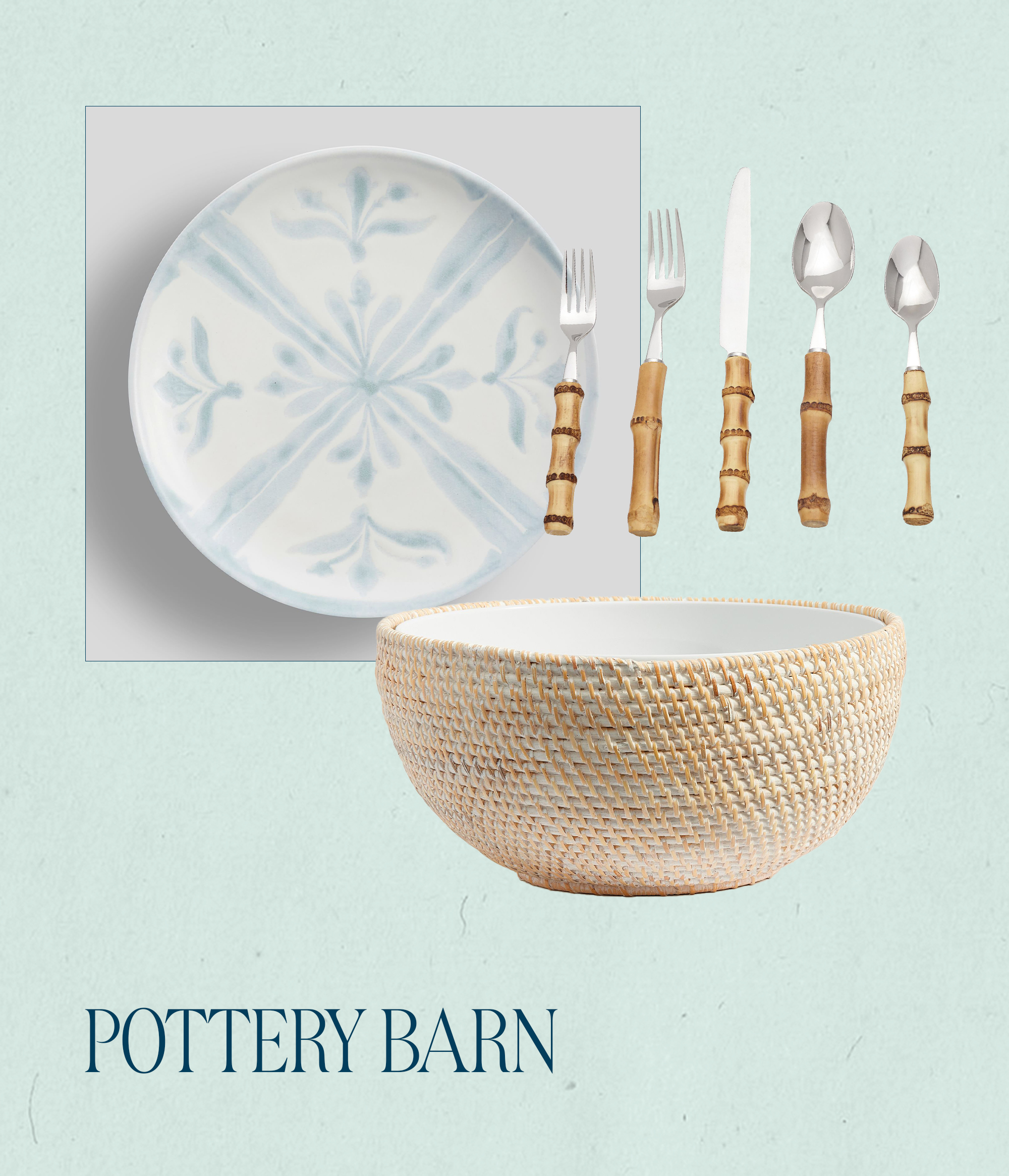 Collage of plate, bamboo utensils, and woven bowl from Pottery Barn