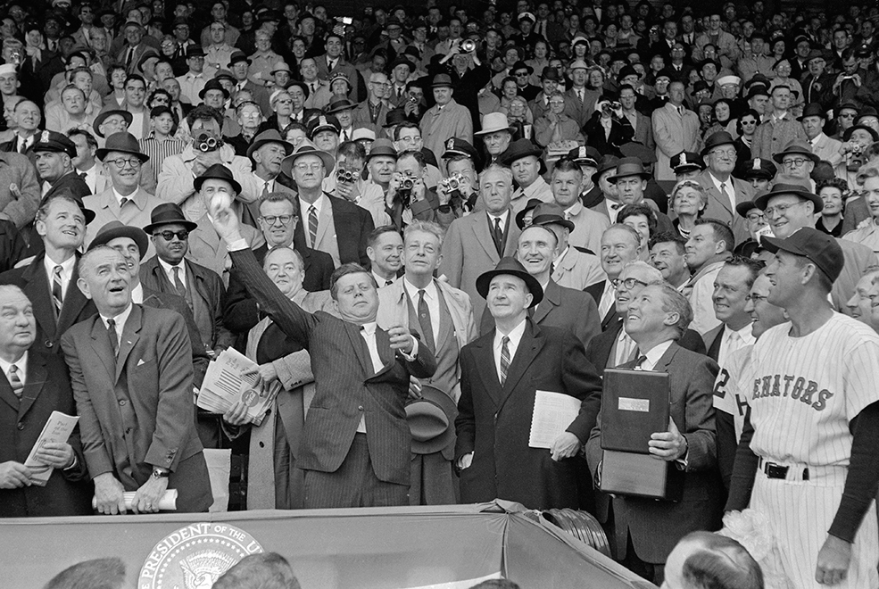 President John Kennedy Throws Out The First Ball Of The 1961 Baseball  Season. The President Started The Game Between The Washington Senators And  The