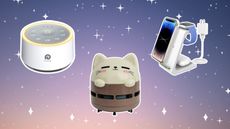 Satisfying bedroom gadgets on pink and blue background with sparkles, white noise machine, desk vacuum and watch and iPhone stand