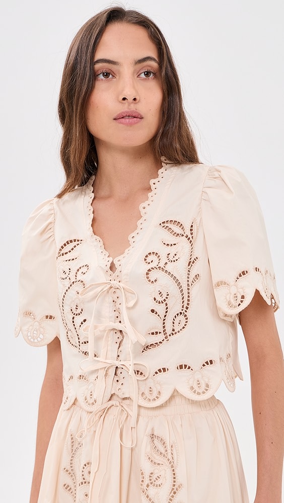 Moon River Short Sleeve Embroidered Eyelet Front Tie Top