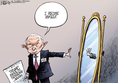 Political cartoon U.S. Jeff Sessions Russia investigation recused