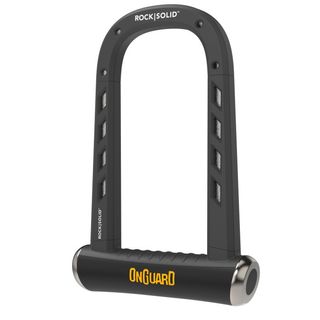 Black and Silver, with the Yellow OnGuard logo, the RockSoild 8590 is an angle grinder-resistant bike lock. 