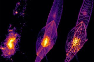 In a study, researchers simulated early galaxy formation in the early universe under three dark matter scenarios: a universe filled with cold dark matter (far left); warm dark matter (center); and fuzzy dark matter (far right).