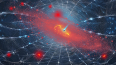 An illustration shows seven little red dot galaxies embedded in the cosmic web, one of which is dominated by a supermassive black hole.