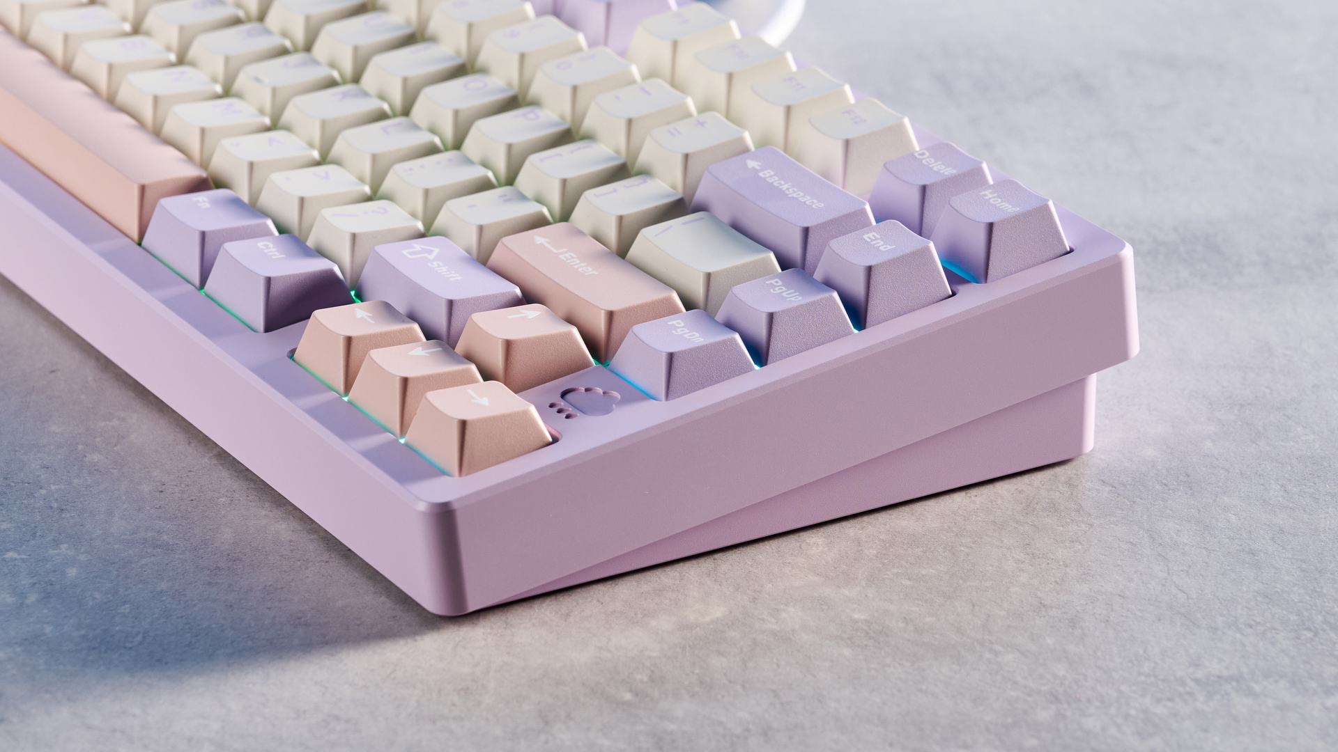 A purple Wobkey Rainy 75 Pro wireless mechanical keyboard with hot-swappable switches