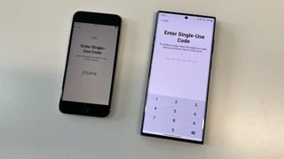 An iPhone SE 2022 and a Samsung Galaxy S22 Ultra. The S22 Ultra is requesting a code to connect to the iPhone.