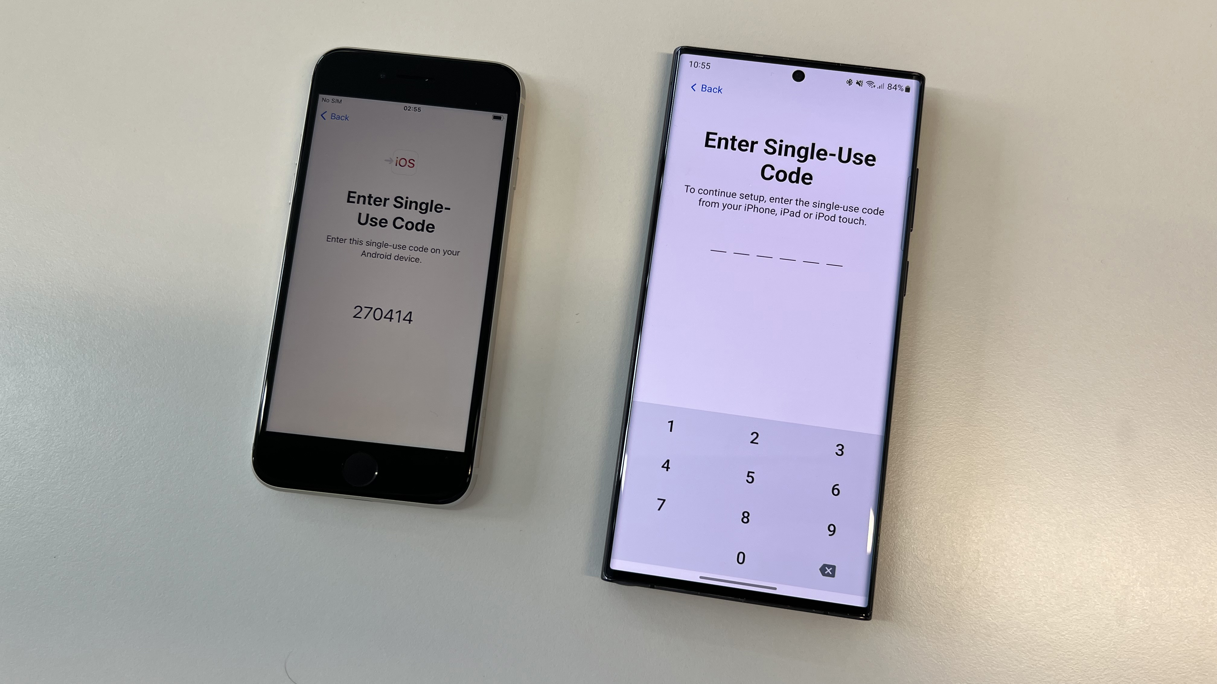 An iPhone SE 2022 and a Samsung Galaxy S22 Ultra.  The S22 Ultra is requesting a code to connect to the iPhone.