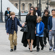 Actress Angelina Jolie and her children Maddox Jolie-Pitt, Shiloh Jolie-Pitt, Vivienne Marcheline Jolie-Pitt, Knox Leon Jolie-Pitt, Zahara Jolie-Pitt and Pax Jolie-Pitt are seen leaving the Louvre museum on January 30, 2018 in Paris, France.