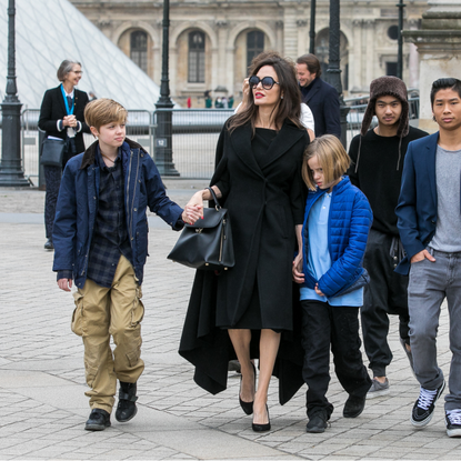 Actress Angelina Jolie and her children Maddox Jolie-Pitt, Shiloh Jolie-Pitt, Vivienne Marcheline Jolie-Pitt, Knox Leon Jolie-Pitt, Zahara Jolie-Pitt and Pax Jolie-Pitt are seen leaving the Louvre museum on January 30, 2018 in Paris, France.