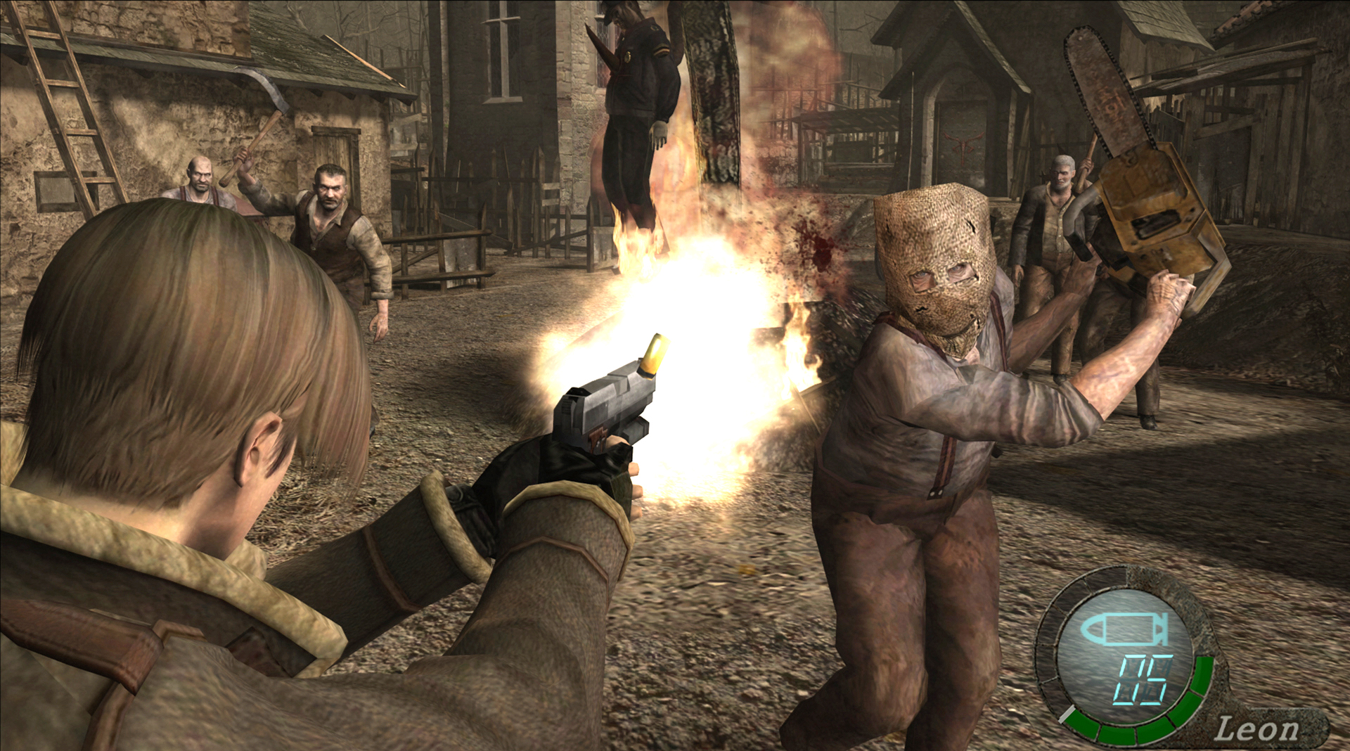 Leon Kennedy shooting a zombie