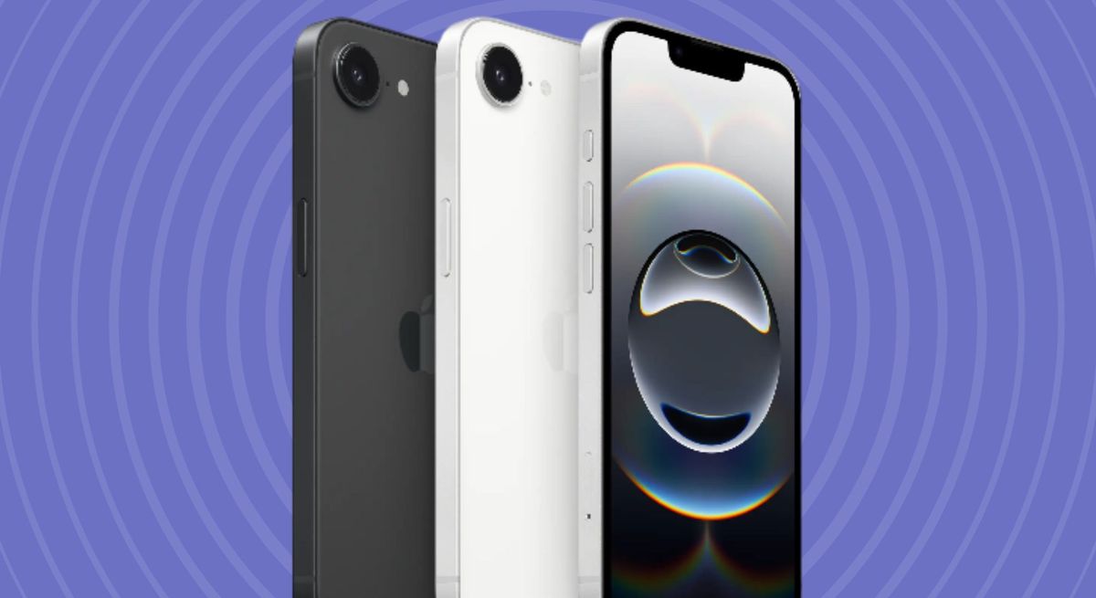 The iPhone 16E, with a black colourway and a white colourway model behind a view of the device&#039;s screen