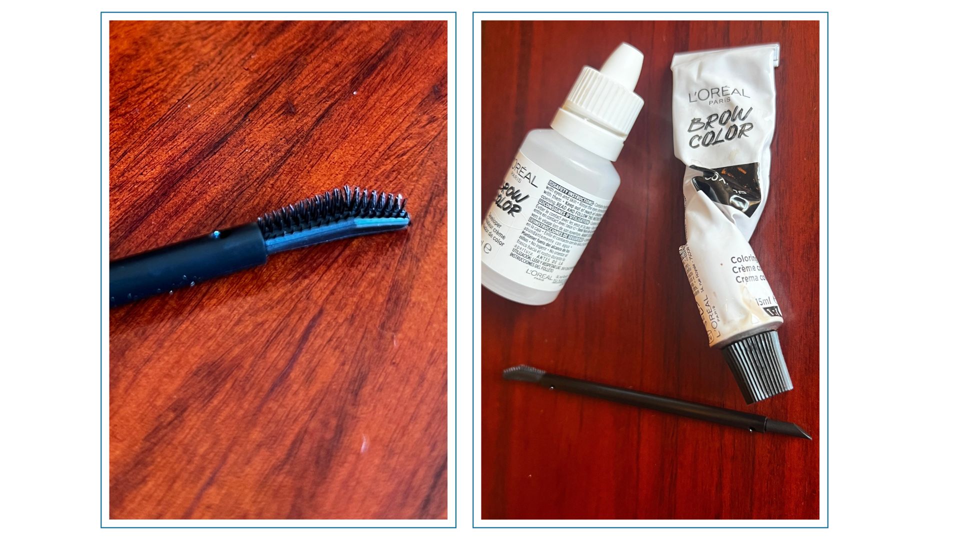 an image of a spoolie head from loreal brow color tint, necxt to the bottle of colour developer and dye