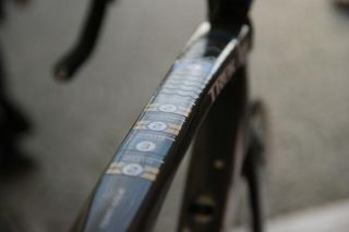 Graphics on the top tube outline Fabian Cancellara's podium results at Milan-San Remo