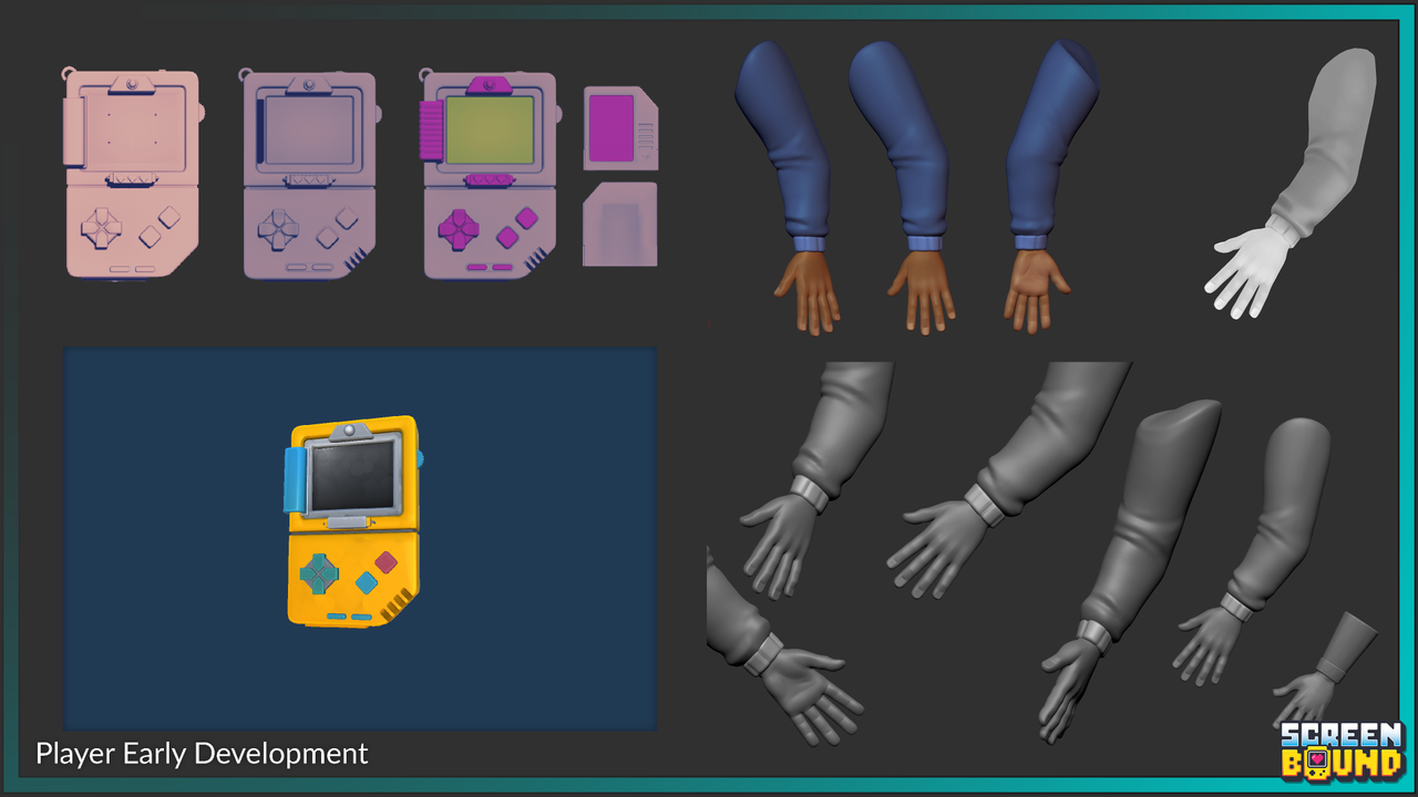 Colourful screens from indie game Screenbound; shows a player holding a yellow handheld console displaying a 2D game that mirrors the surrounding 3D environment perfectly.