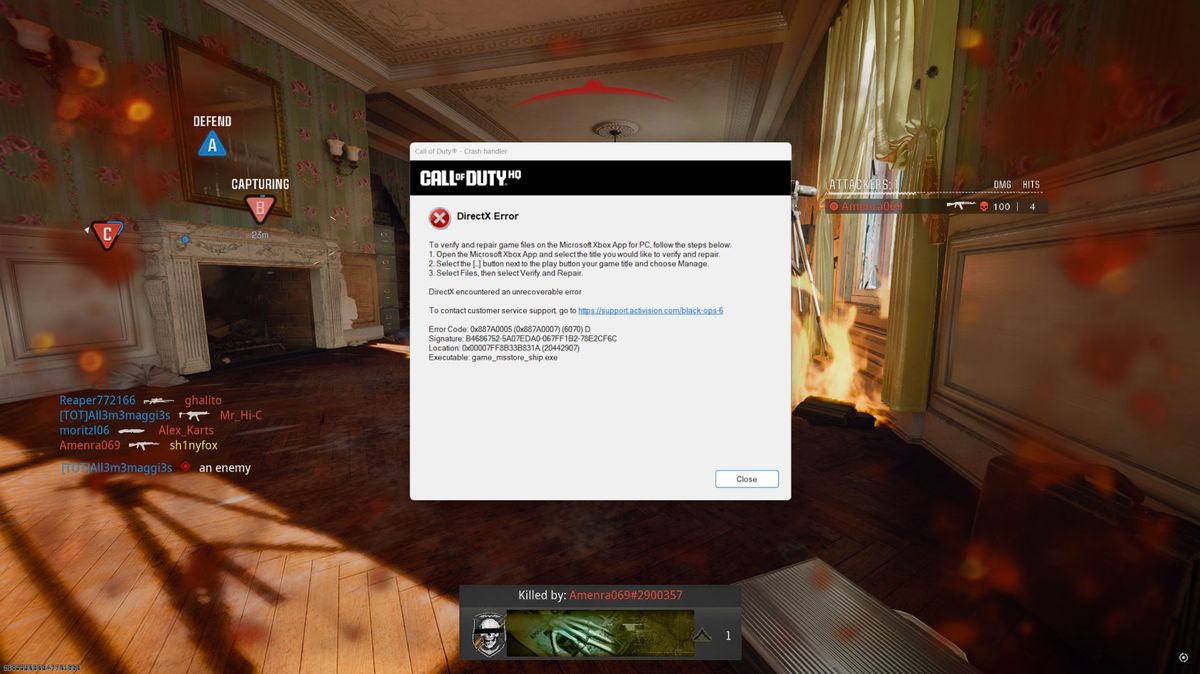 An on-screen message detailing a DirectX crash in Call of Duty: Black Ops 6 on Windows 11