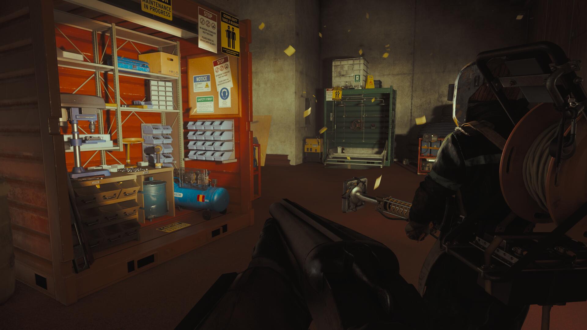Players use flashlights to look at an ammunition cabin located in the executive sector in FBC: Firebreak, during a work mission by Chase Paper Chase