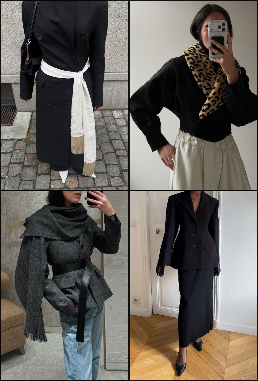 @ingridedvinsen wears a white fringe satin scarf,&amp;nbsp;@selenamual wears a leopard-print faux-fur trim jacket, @annabelrosendahl wears a grey fringe scarf coat, @sylviemus_ wears a black waisted jacket