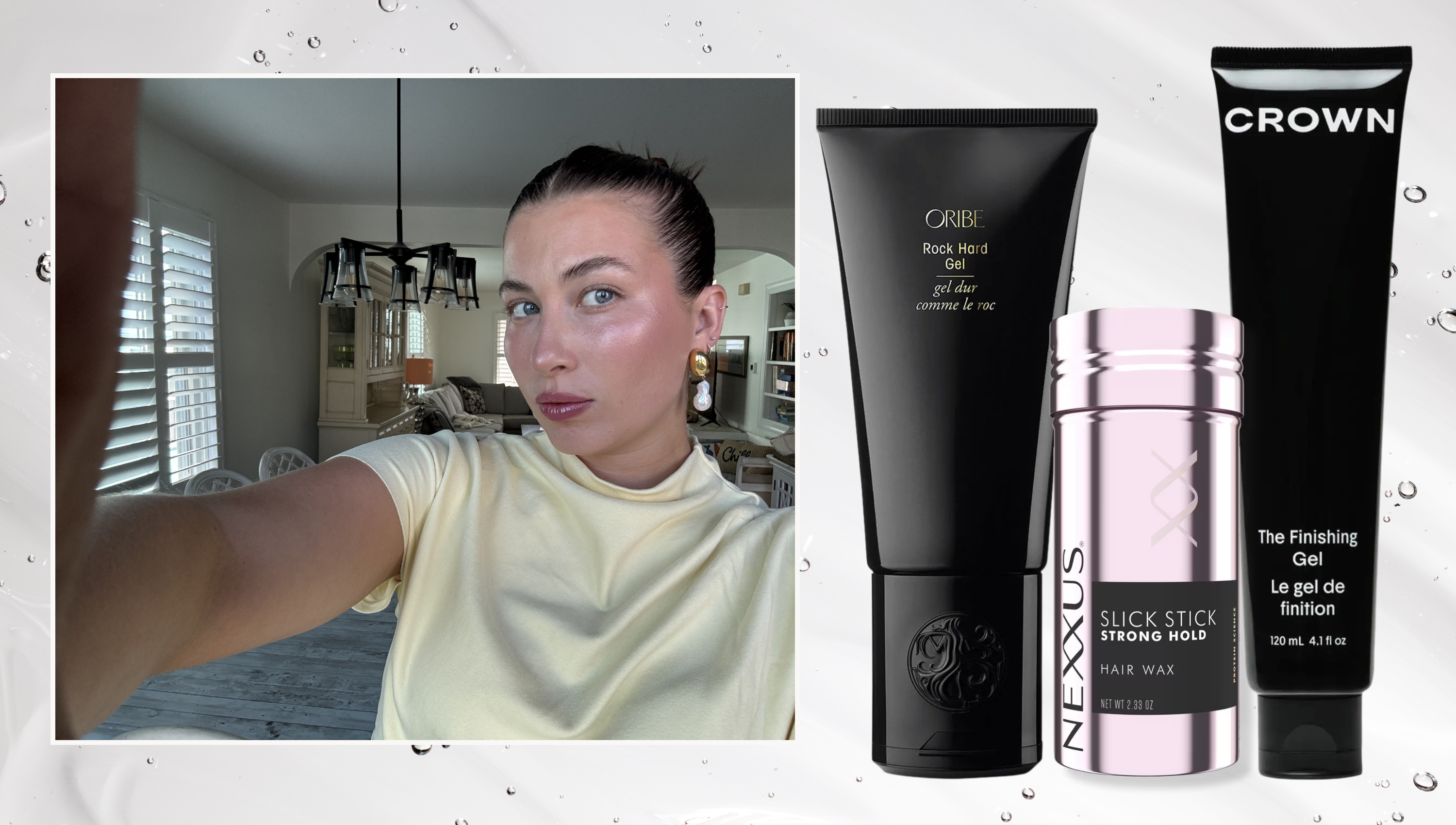 girl in a slicked back bun, glowing skin, in a yellow top, framed out on a gel textured background next to three hair gel products from brands Crown affair, oribe, and nexxus