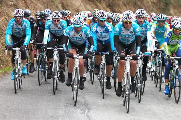Team Milram's riders grouped together at the front