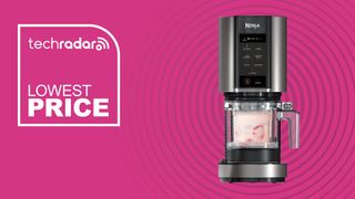 The Ninja Creami Ice Cream and Frozen Dessert Maker is pictured against a magenta background with Tech Radar lowest price written on the left-hand side.