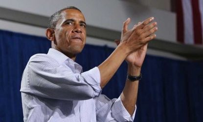 President Obama at a campaign rally in Florida on Sept. 8: In August, the Democrat narrowly outraised GOP challenger Mitt Romney, hauling in some $114 million.