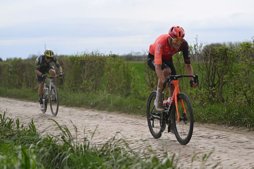 ROUBAIX FRANCE APRIL 07 Joshua Tarling of The United Kingdom and Team INEOS Grenadiers competes passing through the Capelle Ruesnes cobblestones sector during the 121st ParisRoubaix 2024 a 2597km one day race from Compiegne to Roubaix UCIWT on April 07 2024 in Roubaix France Photo by Dario BelingheriGetty Images