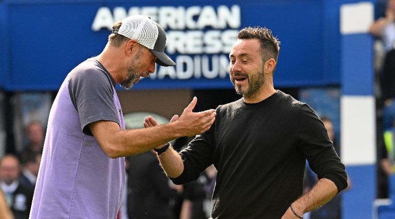 Jurgen Klopps greets Roberto De Zerbi ahead of Liverpool&#039;s Premier League game at Brighton in October 2023.