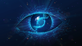 Human eye with DNA Helix in Pupil. Abstract geometric illustration on biometrics authentication technology, genetic diagnostic, genealogy research concept by wireframe mesh on blue background