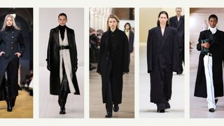 A composite of models on the runway wearing coat trends 2023 all black