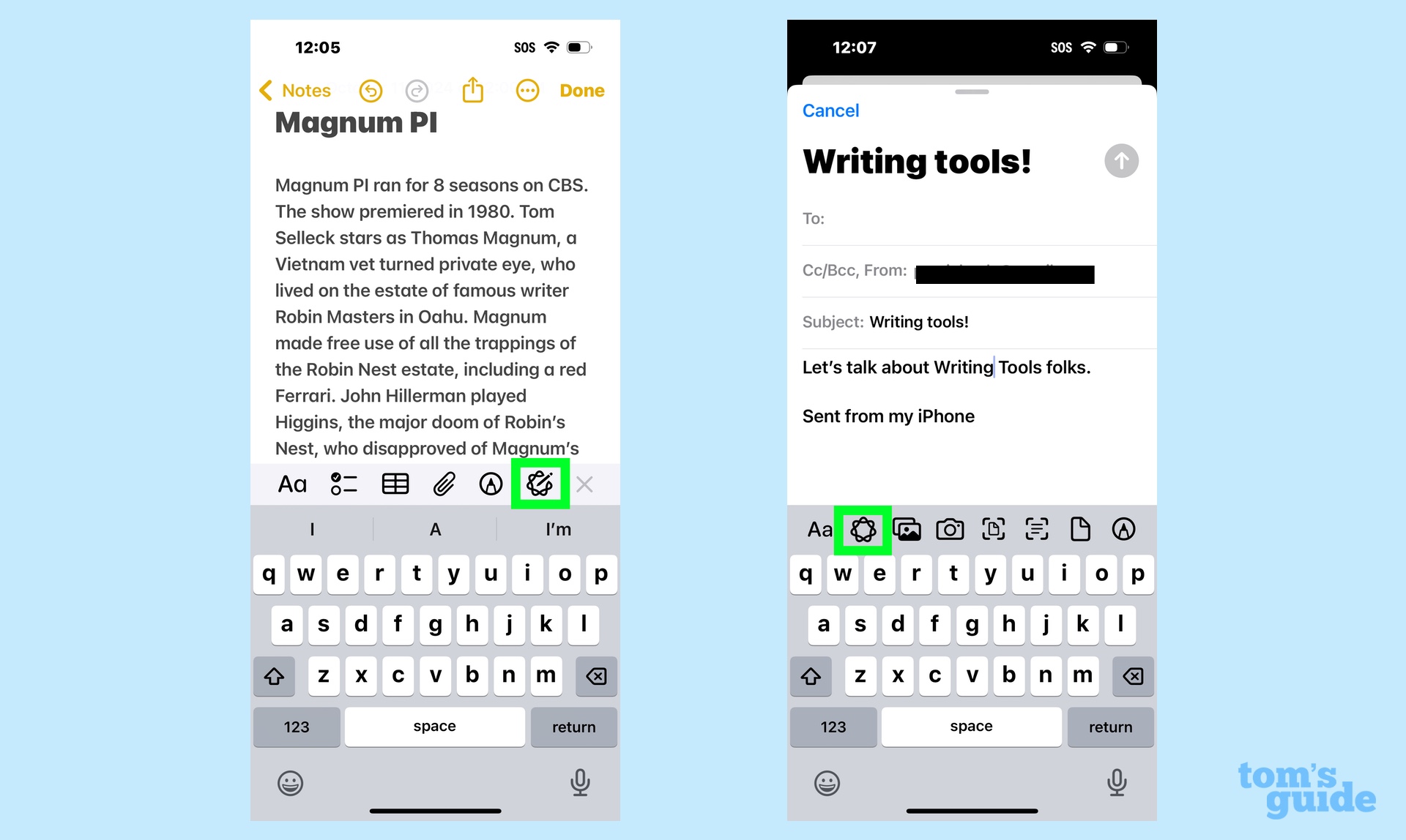 Writing Intelligence Icon in Notes and Mail apps in iOS 18.1