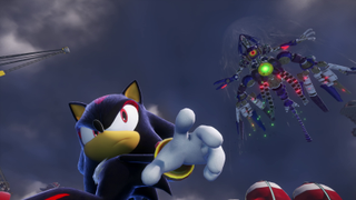 A screenshot from Sonic X Shadow Generations level "Metal Overlord" featuring Shadow the Hedgehog in the foreground