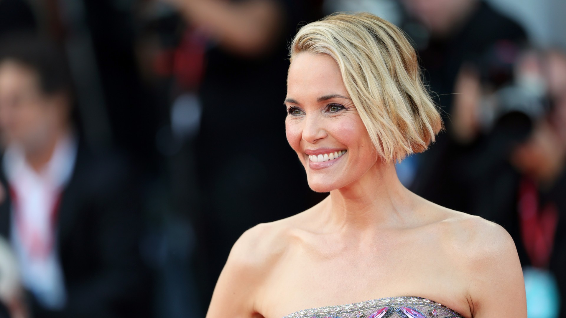 Leslie Bibb attends the "Frankenstein" red carpet during the 82nd Venice International Film Festival on August 30, 2025 in Venice, Italy.