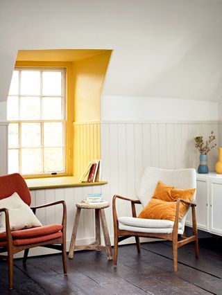 Living room with window alcove in Mustard Jar Breatheasy colored emulsion by Crown