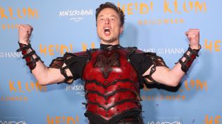 Elon Musk strikes a pose in a silly outfit.