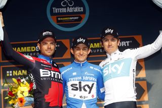 Damiano Caruso, Michal Kwiatkowski and Geraint Thomas on the final Tirreno-Adriatico podium