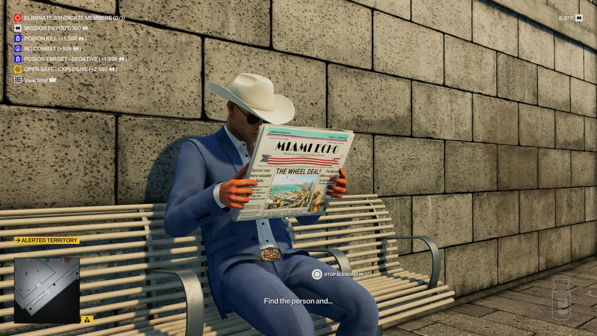 In Hitman 3's Freelancer Mode, Agent 47 wears a laidback cowboy hat with a suit and reads a newspaper on a bench as he receives instructions for his target