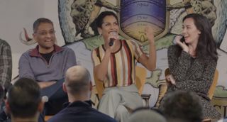 Naren Shankar, Executive Producer of "The Expanse" (left) actor Dominique Tipper (center) and actor Cara Gee (right) sit on a panel for Blue Origin staff in a video published by Amazon Prime on Dec. 5, 2019.