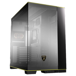 An image of the O11D EVO RGB Automobili Lamborghini Edition computer case. It is black and grey with two yellow highlights and a lamborghini crest on the front glass.