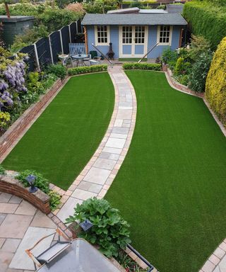 artifical lawn from permalawn with path and summer house