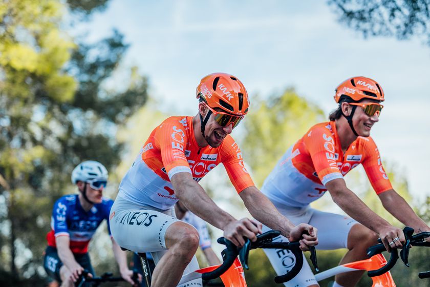 Kevin Vauquelin rides with Ineos Grenadiers during a training camp ride
