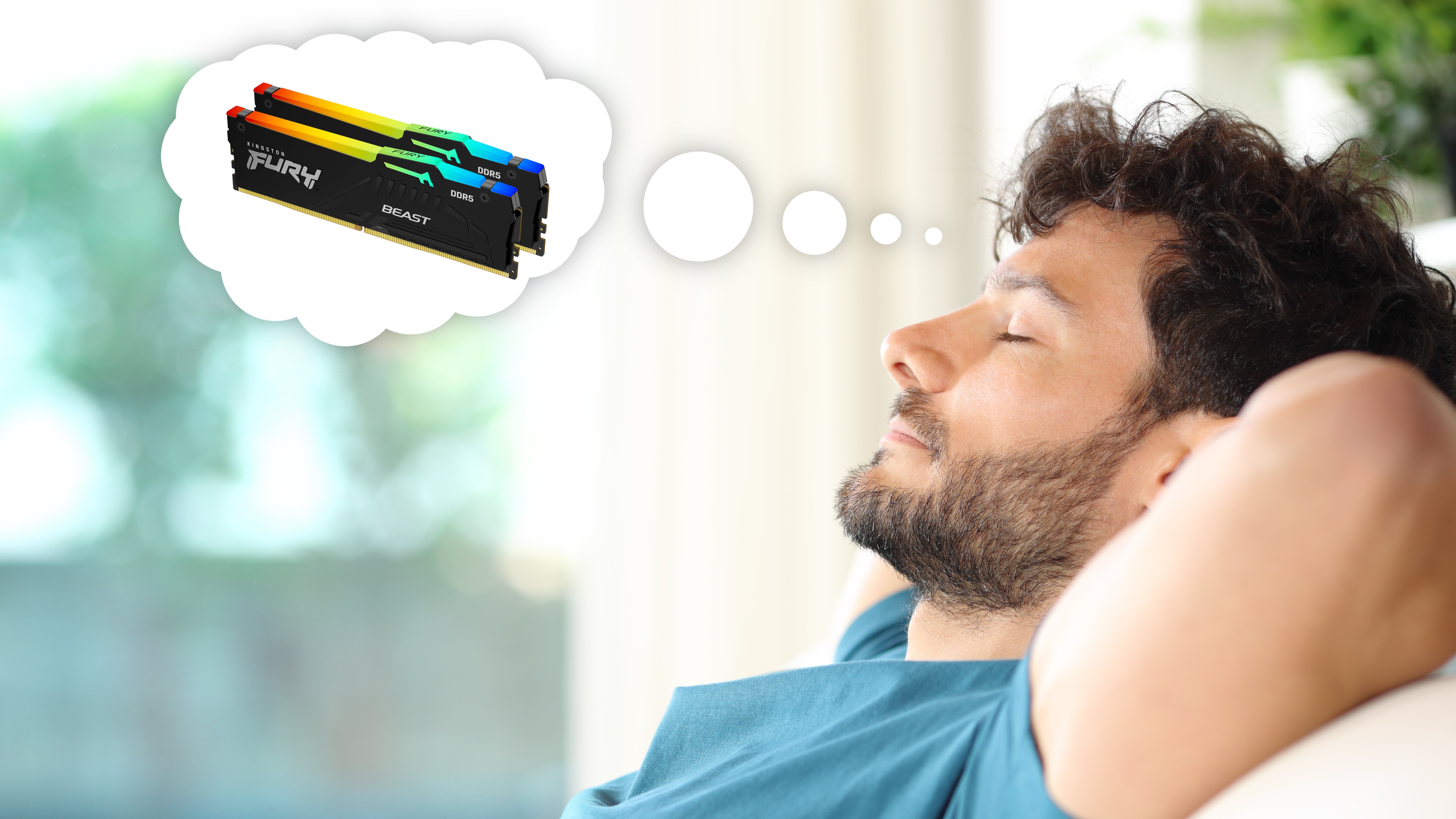 A man relaxing with his eyes closed, and a thought bubble containing some DDR5 RAM showing above his head.