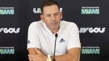 Sergio Garcia speaks at a LIV Golf press conference