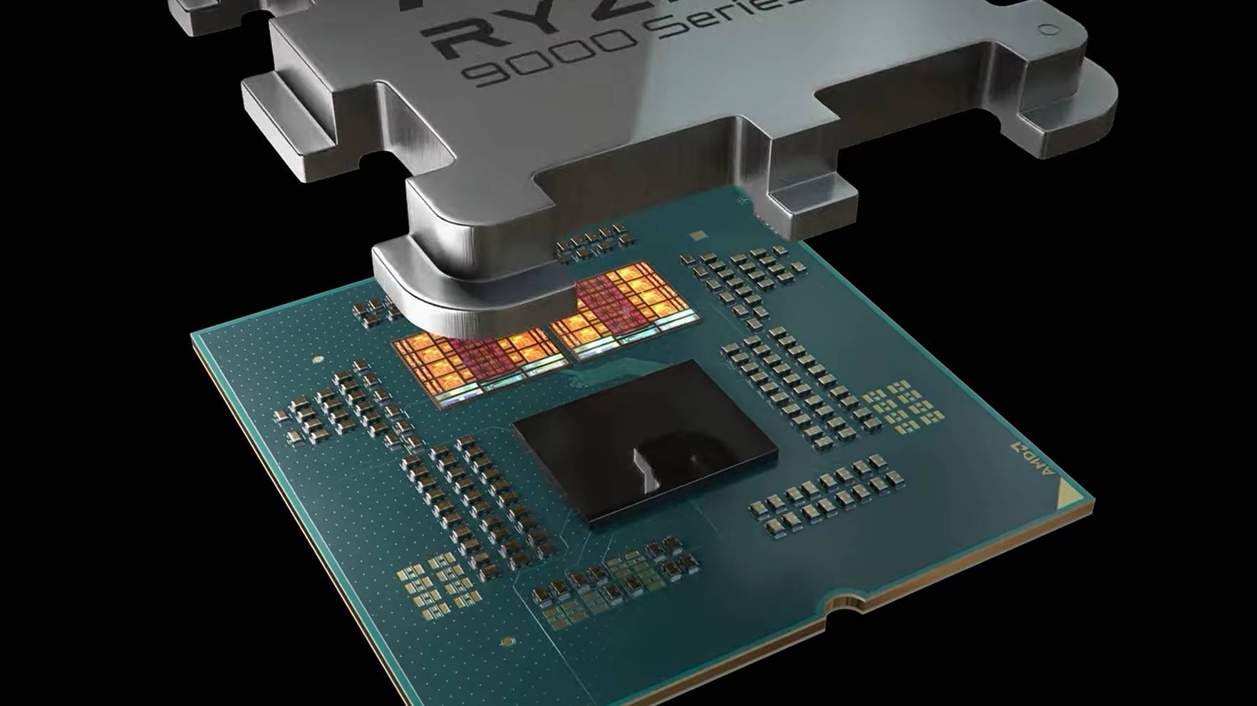 A render of a delidded AMD Ryzen 9 9950X3D chip.