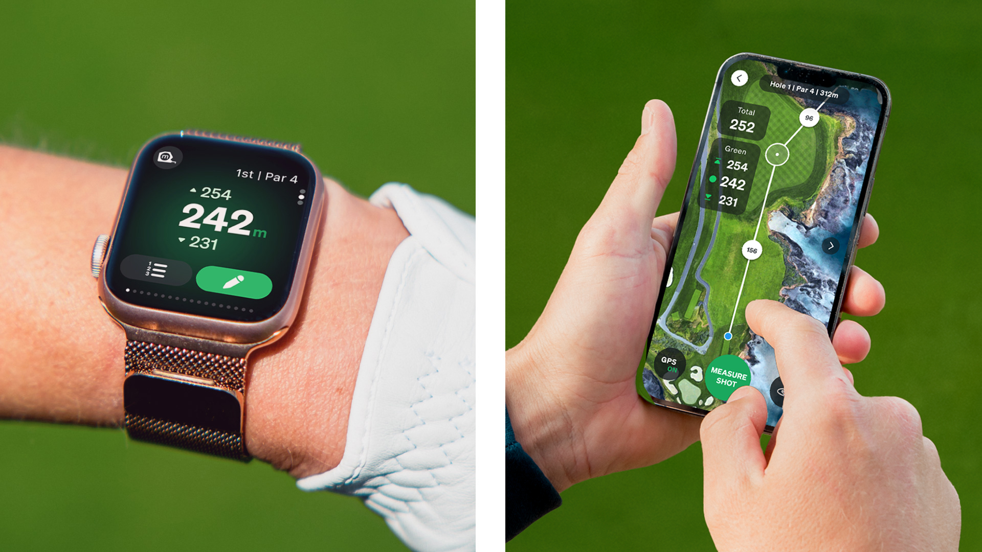 A GPS watch and smartphone shown using the Golf GameBook GPS maps mode